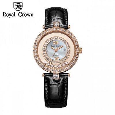 Đồng hồ nữ Chính hãng Royal Crown 3628 dây da đen vỏ vàng hồng